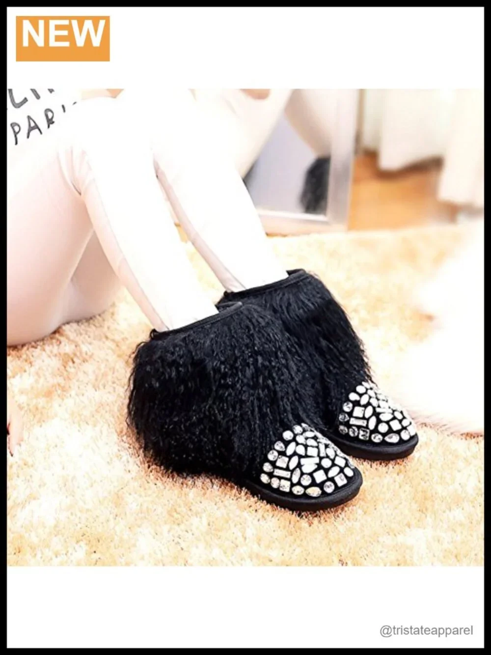 Womens Wool Rhinestone Short Winter Snow Boots Faux Fur Trim Mukluks